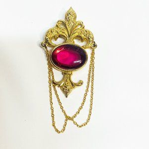 Bergere Gold Tone Blue Lucite Chatelaine Style Fleur de Lis Brooch Pin, Signed